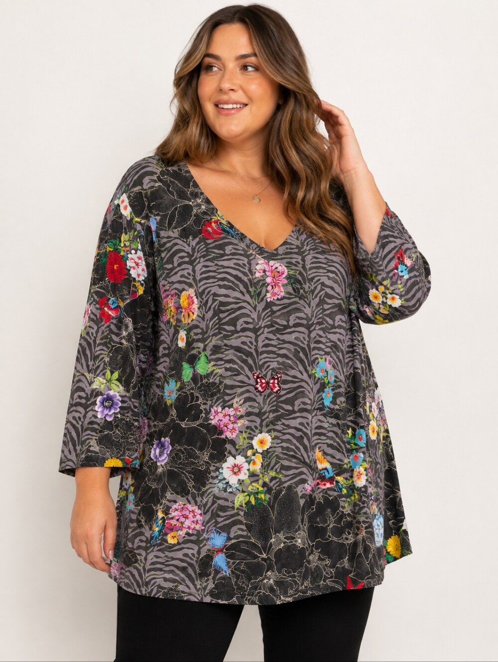 Johnny Was Los Angeles 2X Floral Zebra Butterfly Tunic Top Stretch Boho
